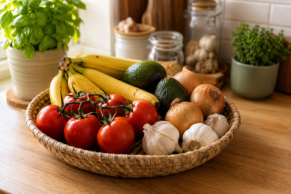 Frutero con fruta y hortalizas