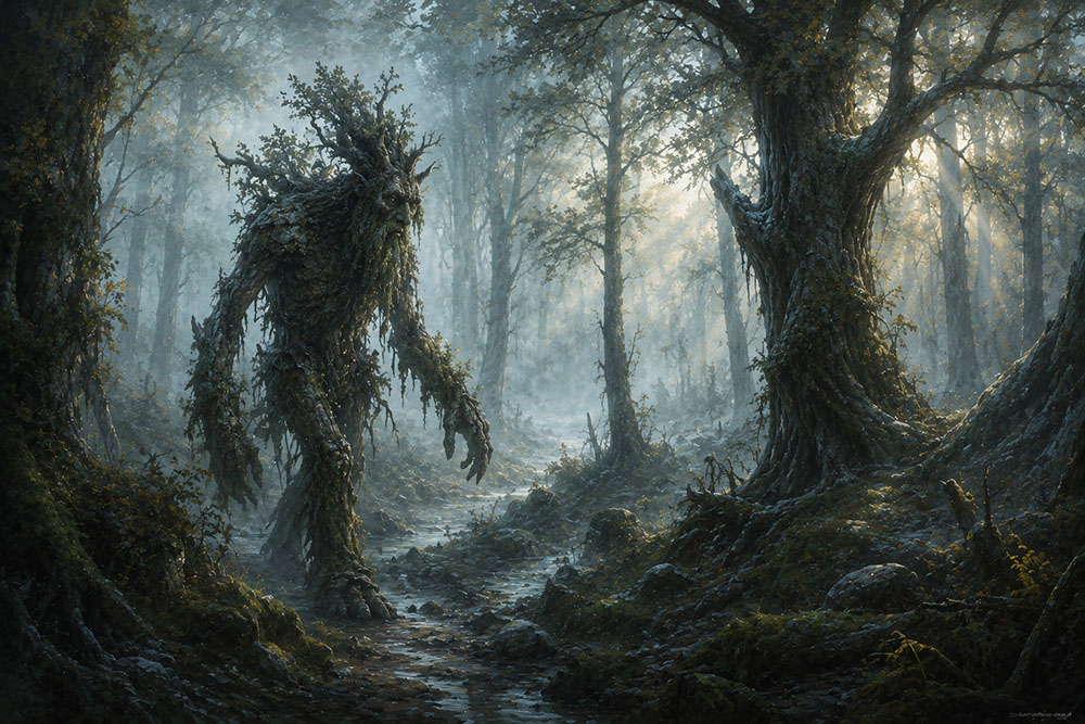 ent caminando por un bosque