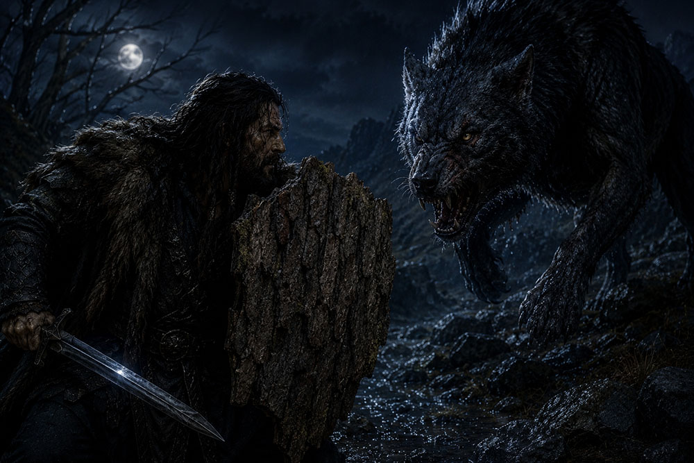 thorin escudo de roble contra un huargo
