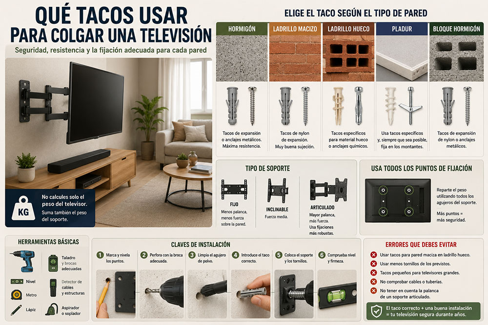 Qué tacos usar para colgar una televisión en la pared