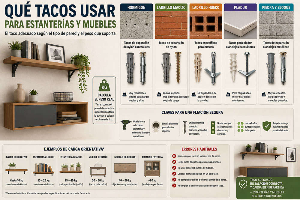 Qué tacos usar para estanterías y muebles
