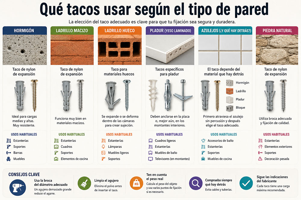 Qué tacos usar según el tipo de pared
